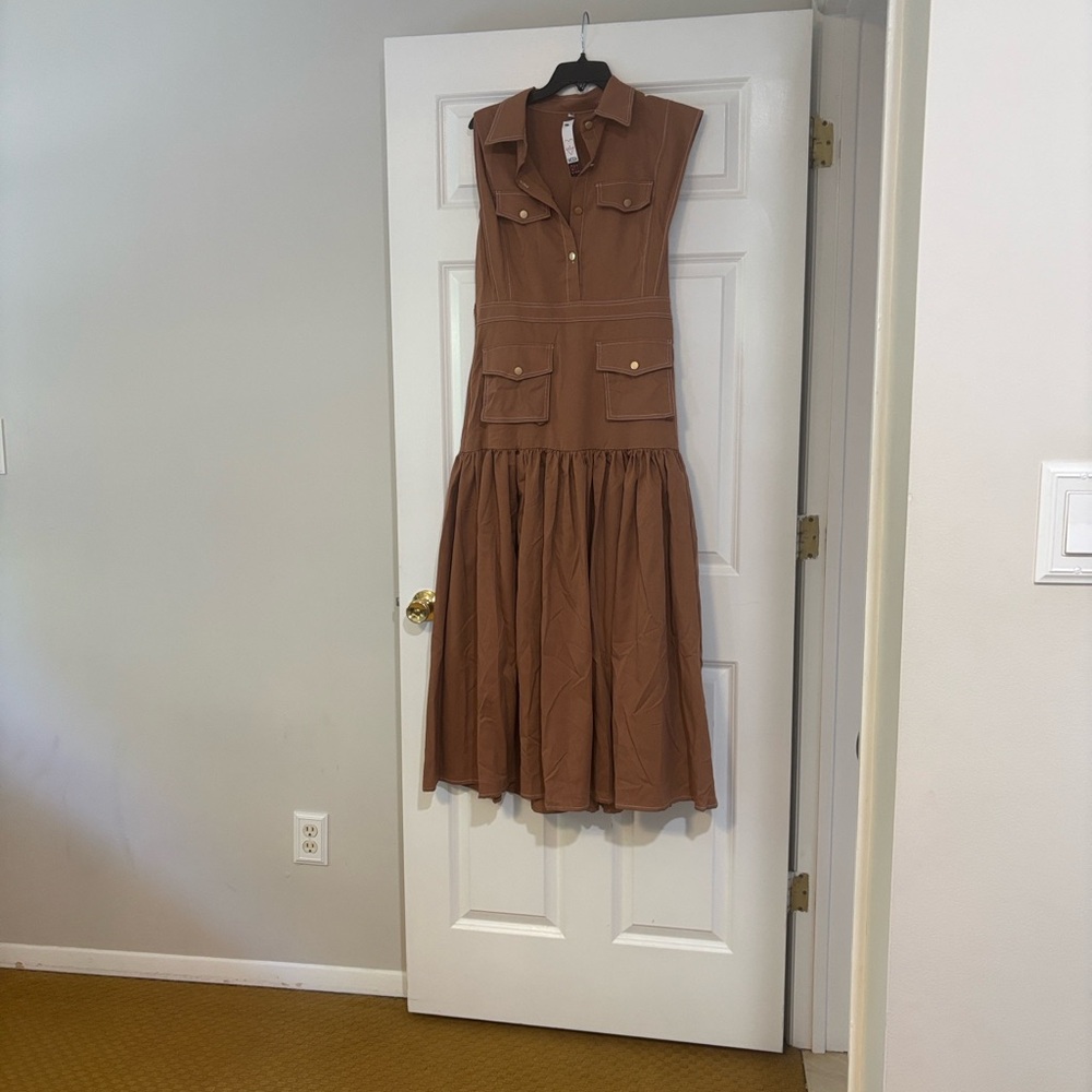 Sleeveless Brown Utility Midi Dress